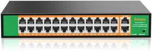 24 Port PoE Switch with 2 Gigabit Ethernet Uplink Port, Support IEEE802.3af/at, 400W High Power, Fanless, Plug and Play Unmanaged, Rackmount Ethernet Switch