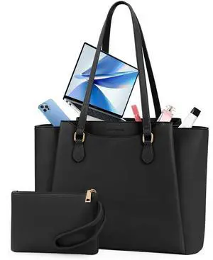 RAINSMORE Laptop Bag for Women 15.6 Inch Work Tote Bags Waterproof Computer Bags Leather Professional Laptop Purse Womens Laptop Briefcase Large Handbag for Office Teacher Travel, Black