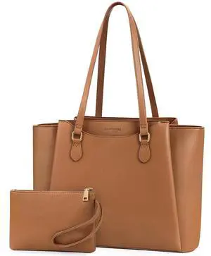 RAINSMORE Laptop Bag for Women 15.6 Inch Work Tote Bags Waterproof Computer Bags Leather Professional Laptop Purse Womens Laptop Briefcase Large Handbag for Office Teacher Travel, Brown