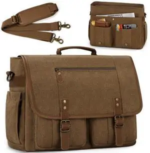 RAINSMORE Mens Messenger Bag 17-17.3 Inch Vintage Canvas Briefcase Water-resistant Large Computer Laptop Bag Rugged Satchel Shoulder Bag for Work Travel, Bookbag for College
