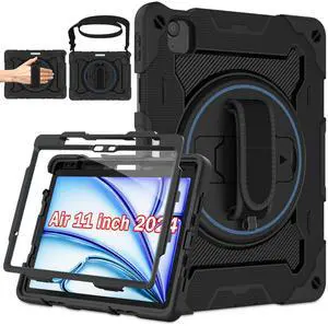ROSROME for iPad Air 11 inch Case M3 2025 / M2 2024, Air 6th Generation Case for Kids with HD Screen Protector, Shoulder Strap, 360 Stand, Hand Strap,Pen Holder, Heavy Duty Shockproof Drop Protection