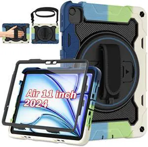ROSROME for iPad Air 11 inch Case M3 2025 / M2 2024, Air 6th Generation Case for Kids with HD Screen Protector, Shoulder Strap, 360 Stand, Hand Strap,Heavy Duty Shockproof Drop Protection