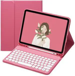HENGHUI iPad Air 2 Pro 9.7 inch Keyboard Case - Cute Round Key Color Wireless Detachable BT Keyboard Cover with Pencil Holder for iPad 6th/5th Gen (Dark Pink)