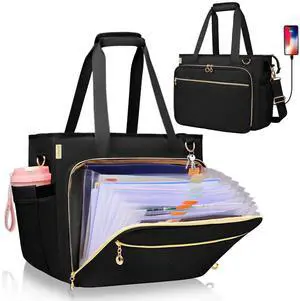 Sambois Teacher Tote Bag with Accordion File Organizer Pocket, Soft Nylon Utility Bag with 15.6 inch Laptop Compartment & USB Port, Large Work Tote Bag for Office Supplies Women (Black)