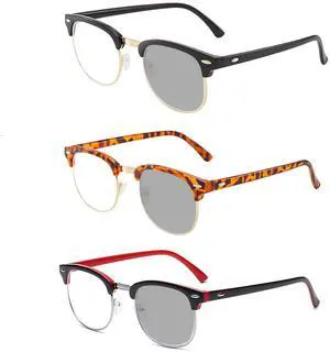 RuiJinGen Photochromic Blue light Blocking Glasses Half frame Retro Semi Rimless Blue Blocking Eyewear For Men Women 3 Pack