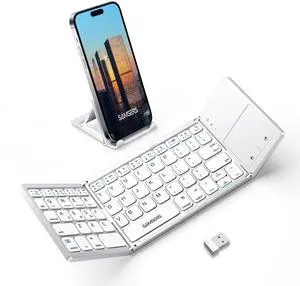 Samsers Multi-Device Foldable Bluetooth Keyboard with Touchpad, Rechargeable Dual-Mode(2.4G+BTx2) Wireless Keyboard with Holder, Portable Folding Keyboards for Android Windows iOS Mac OS - Silver