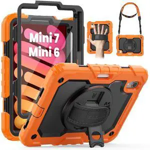 SEYMAC Case for iPad mini 7 (A17 Pro) 2024/ Mini 6 8.3, Full-Body Shockproof Protective Case with Screen Protector, Rotating Stand, Hand/Shoulder Strap for iPad mini 7th/ 6th Generation, Orange