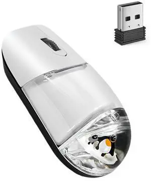 Wireless Mouse Cute White Aqua Water Mice Aesthetic Clear Silent Optical Portable Lightweight Retro Mice for PC Laptop Computer Macbook Kids Girl Women Gift with Liquid Water Section & Floater Penguin