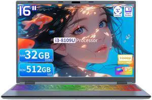 OMSERVB 16" Touch Screen Laptop, i3-8109U, 32GB RAM, SSD, RGB Backlit Keyboard, Face & Fingerprint Recognition, 180 Degree Opening and Closing, Win 11 Pro(32GB RAM | 512GB SSD)
