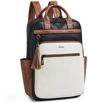 Shrrie Laptop Backpack for Women 15.6 inch Travel Leather Backpack Purse Work Computer Backpacks for Business College Black With Brown and White