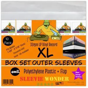 XL Box Set Sleeves (10) + Flap 4mil Thick Strong USA Polyethylene Plastic for 33rpm LP Vinyl Record Album Boxset (+1 Free Dj Sticker)