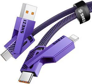 SHEZI 4-in-1 USB C Cable 60W 5FT Lightn-ing Cable Fast Charging [480Mbps Data Transfer] Flat Nylon Braided Charger Cord Wire Combo with Lightn-ing/USB C/USB A Port for iPhone/iPad and More, Purple
