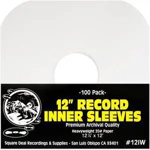 (100) Archival Quality Acid-Free Heavyweight Paper Inner Sleeves with Hole for 12" Vinyl Records - Durable 20# Paper - Easy Record Insertion - #12IW