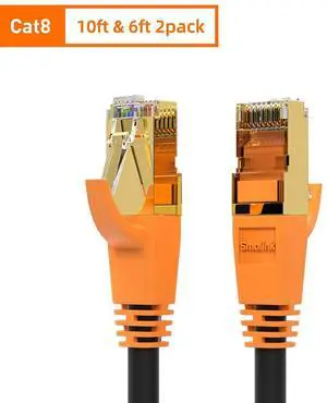 Cat8 Ethernet Cable (10ft + 6ft 2pack), Outdoor&Indoor, Heavy Duty High Speed 26AWG Cat8 LAN Network Cable 40Gbps, 2000Mhz with Gold Plated RJ45 Connector, Weatherproof S/FTP UV Resistant for Router/G