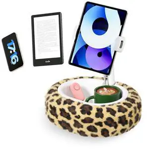 SupeDesk Kindle Pillow Stand with Leopard Print  Soft Tablet Holder with Snack Bowl & Cup Holder, Fuzzy Hands-Free Stand for Bed, Couch, Compatible with Kindle, iPad, Phones (Leopard)