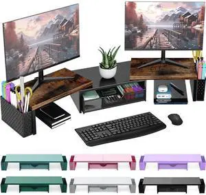 Spacrea Metal Desk Organizers and Accessories, Dual Monitor Stand Riser with Drawer and 2 Pen Holders, Desk Accessories & Workspace Desktop Organizers for Office Supplies (Wood)