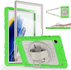 Stweap for Samsung Galaxy Tablet A8 Case 10.5 inch 2022 SM-X200/X205/X207 with Screen Protector [360 Rotating Stand] &Hand Shoulder Strap Shockproof Rugged Protective Cover|Green&Beige