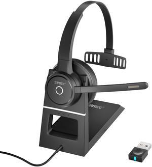 SUNITEC Bluetooth Headset with Noise Cancelling Microphone, Wireless Headphones with Mic Mute Charging Base and USB Dongle for Work from Home Office PC Mac Laptop Call Center Zoom Teams