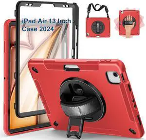 SUPFIVES Case for iPad Air 13 Inch 2024,with Screen Protector+Hand Strap+Shoulder Strap+Rotating Kickstand+Pencil Holder,Red