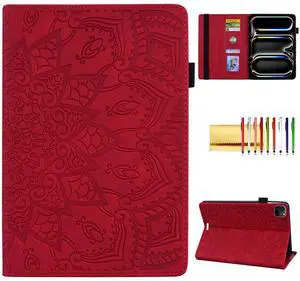 Folio Case for iPad Pro 11 M4 (2024) 5th Gen, Techcircle Anti-Slip Stand Mandala Embossed PU Leather Soft TPU Back Protective Cover with Elastic Strap, Card Slots & Pencil Holder, Burgundy