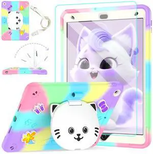 TOMORRY for iPad 9th/8th/7th Generation Case 10.2" with Screen Protector,Cute Cat Stand,Penci Holder Shoulder Strap,Shockproof Protective Case for iPad 10.2 inch 2021/2020/2019 Kids Girls (Colourful)