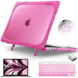 Teryeefi [Heavy Duty Fold Kickstand] Case for 2022 2024 MacBook Air 13.6 Inch M3 M2 A2681 A3113 Model, 5in1 Shockproof Protective Hard Shell with Keyboard Cover, Rose