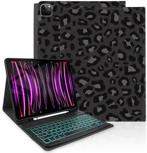 TopPerfekt Keyboard Case for iPad Air 13-inch (M3 2025/M2 2024)/iPad Pro 12.9'' (6th/5th/4th/3rd Gen 2022/2021/2020/2018),with 7-Color Backlights,Detachable,Rechargeable,Pencil Holde-BlackGreyLeopard