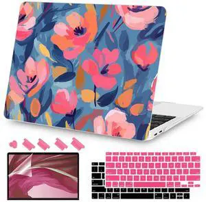Teryeefi Compatible with M1 MacBook Air 13 inch Case 2021 2020 2019 2018 Release A2337 A2179 A1932 with Touch ID, Protective Plastic Hard Shell Case + Keyboard Cover - W-Abstract Pink Flower