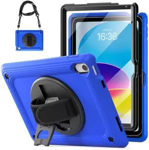 TSQQST Case for iPad (A16) 11th/10th Generation Cool Design for Men 10.9 Inch 2025 2022 | Heavy Duty Protection with Screen Protector for Field Work | Strap for Use On The Go | Navy Blue
