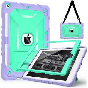 TIMISM Case for iPad 9th/8th/7th Generation 2021/2020/2019 (10.2 inch) - Heavy Duty Shockproof Protective Cover with Screen Protector, Shoulder Strap, Kickstand and Pencil Holder, Purple+Green