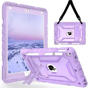TIMISM iPad Case with Shoulder Strap - 6th/5th Gen, Air 2 & Pro 9.7 Compatible, Heavy Duty Shockproof Protection, Purple with Pencil Holder