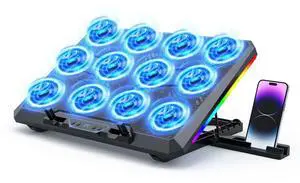 Trullypine Laptop Cooling Pad with 12 Quiet Fans, Slim Portable for 12-17.3 Inch Laptop Cooler Stand, RGB Lighting, with 5 Height Adjustable, Gaming Cooling Fan Pad, USB/Type-C & Phone Holder (LCD)