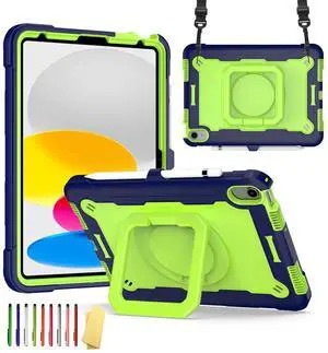 UUcovers Case for iPad (A16) 11th Generation 11 inch 2025 & iPad 10th Generation Case 10.9 inch 2022 with Pencil Holder/Rotating Stand Handle/Shoulder Strap Shockproof Bumper Cover,Navy Blue & Olivine
