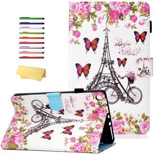 UUcovers Case for  Kindle Fire HD 10 Tablet 10.1" (9th/7th/5th Generation, 2019/2017/2015) with Pencil Cards Holder [Auto Wake/Sleep] Stand PU Leather Smart Magnetic Cover, Paris Flower Tower