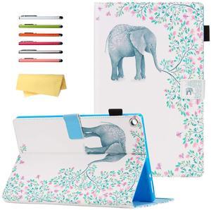 UUcovers Kindle Fire HD 10 Tablet 2019/2017 Case 9th and 7th Generation 10.1 Inch with Pencil Holder Card Slots [Auto Sleep/Wake] Folio Stand PU Leather Magnetic Smart Cover, White Elephant Flower