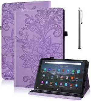 Kindle Fire Max 11 Case (2023) - Embossed Lace PU Leather Flip Folio with Elastic Band & Card Slots, Multi-Angle Stand, Purple
