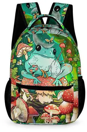 Ueshiramanu Frog Backpack Mushroom Gift for Kids Boys Girls Polyester School Bag Print Travel Stylish Laptop Bookbag