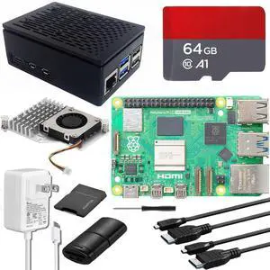 Vemico for Raspberry Pi 5 16GB Starter Kit with Pi5 16GB Board,64GB Card Readers Kit,Pi 5 Case,GaN 27W 5.1V5A USB-C Power Supply, Case with Active Cooler,4K Micro HD Out Cables Included