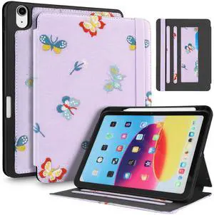 Uppuppy for iPad 10th Generation Case, for iPad (A16) 11th Generation Case - Women Girls Cute Embroidered Folio Stand Cover with Pencil Holder & Card Slot Girly Kawaii Butterfly Design Aesthetic Cases