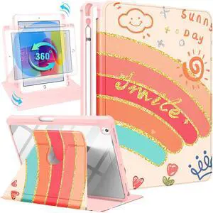 Uppuppy for iPad 9th/8th/7th/Air 3rd Generation Case 10.2& for iPad Pro 10.5 Inch Cases 360 Degree Rotating Stand Folio Cover with Pencil Holder Cute Women Girls Rainbow for Apple iPad 2021/2020/2019