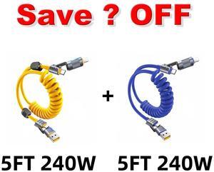 Vexipia 2 Pack 4-in-1 Coiled 5FT 240W USB C Cable (Yellow & Blue)