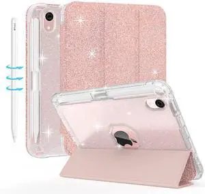 Sevrok iPad Mini 7 A17 Pro 2024/iPad Mini 6 2021 8.3 Inch - Clear Smart Slim-Fit Glitter Sparkly with Apple Pencil Pairing & Charging Holder -Folio Stand Shiny Leather Cover (Rose Gold)