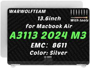 WARWOLFTEAM 13.6in Compatible with MacBook Air Mac15,12 A3113 2024 M3 MRXN3xx/A MRXQ3xx/A 2560 x 1664 EMC8611 LCD LED Screen Digitizer Replacement Complete Assembly (Silver)