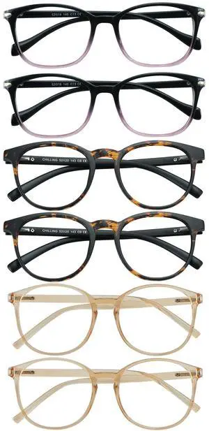 VisionGlobal 6 Pairs Blue Light Blocking Glasses/Reading Glasses for Women/Men, Fashion Eyewear Frame (Dark Tortoise+Black Purple+Champagne, 2.25 Magnification)