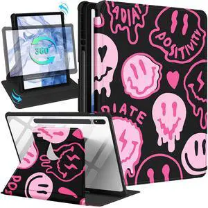 Wazzasoft for Samsung Galaxy Tab S7/S8 Plus Case - 12.4 Inch Folio Cover Pencil Holder - Women/Girls Cute Girly Smile Unique Design - Rotating Tablet Case