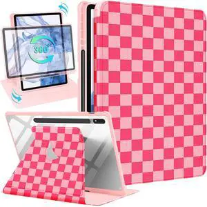 Wazzasoft for Samsung Galaxy Tab S7/S7 Plus/S8 Plus Case - 12.4 Inch Folio Cover Pencil Holder - Women/Girls Cute Girly Checkered Unique Design - Rotating Tablet Case