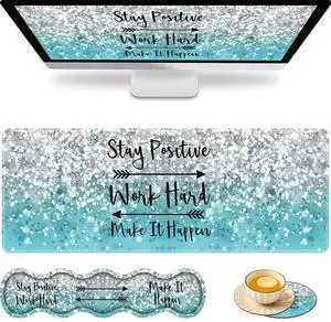 Large Game Mouse Pad+Keyboard Wrist Pad+Coaster, Easily Typing and Relieving Pain, Foldable Table Pads, Suitable for Office Work and Home, Stay Positive Work Hard and Make It Happen