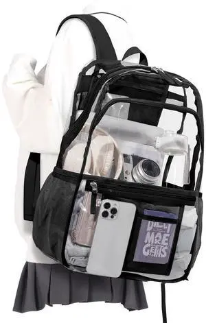 WEPOET Black Clear Backpack For Women Men, Heavy Duty Transparent See Through Backpack, Waterproof Clear bookbag, Plastic Backpacks For School,Stadium Events,Travel,Festival,Work,Concert