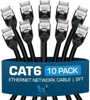 WIRE WAVE Cat6 Ethernet Cable (10-Pack - 5 Feet - Black) - High Speed 24AWG Bump Boot, Cat6 RJ45 Internet LAN Patch, Network Cable. Computer Cord, Gaming