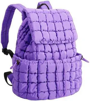 XSUIOY Quilted Backpack Purse for Women Small Lightweight Puffer Puffy College Laptop Backpack Nylon Casual Bookbag Daypack Top Flap Drawstring Padding Hiker Travel Gym Backpack(Purple)